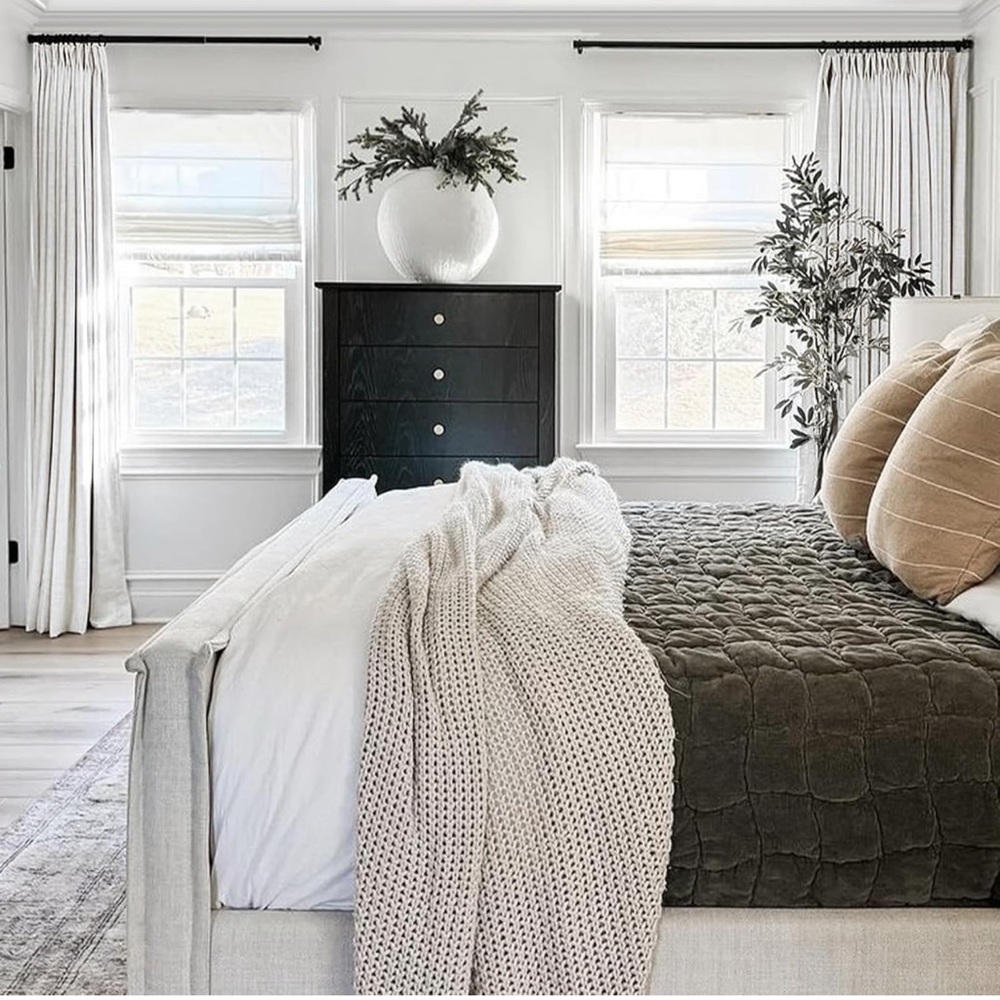 Custom ordered.  Lined curtains for full privacy.  Color beige white.